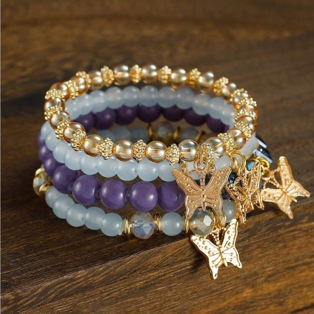 Elegant Gold and Purple Butterfly Charm Bracelet Set